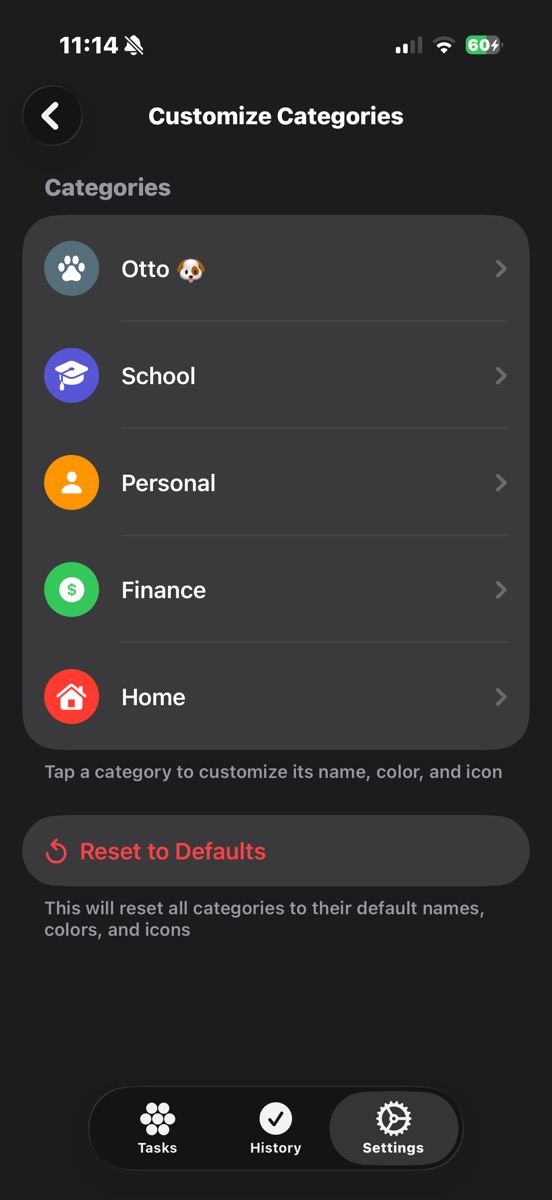 Categories settings with a renamed category