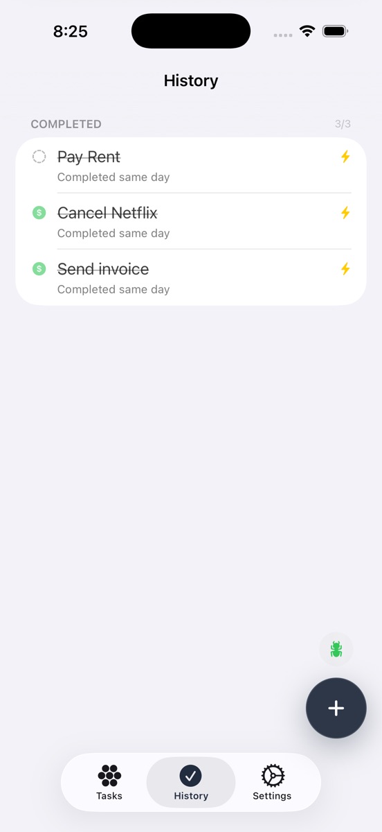 History tab listing completed tasks