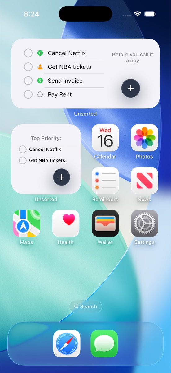 Home screen widget listing top tasks